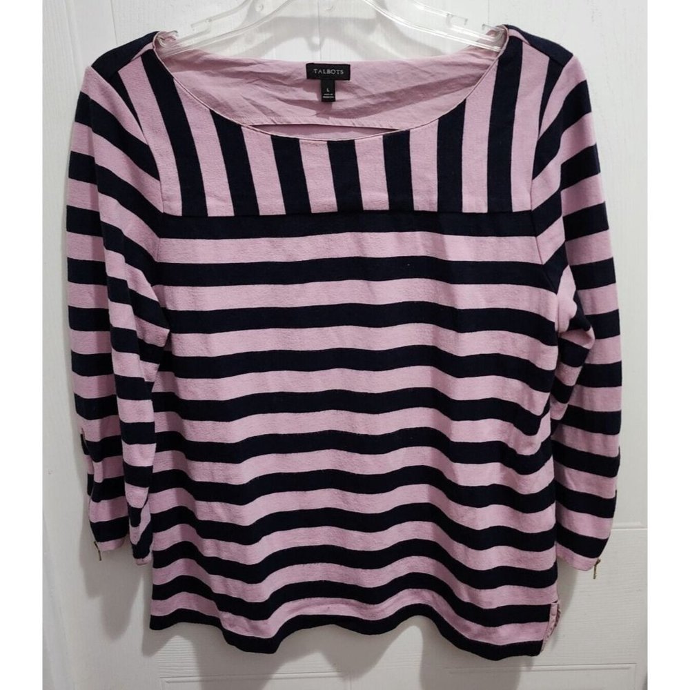 Talbots Womens 3/4 Zip Accent Sleeve Boat Neck Top Rayon Blend Pink Striped Sz L